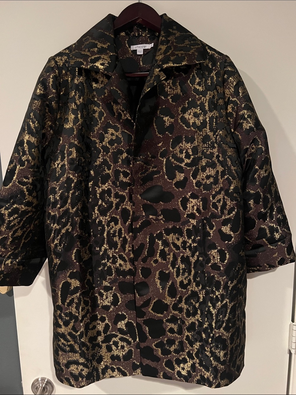 Chico's gold metallic animal print leopard coat